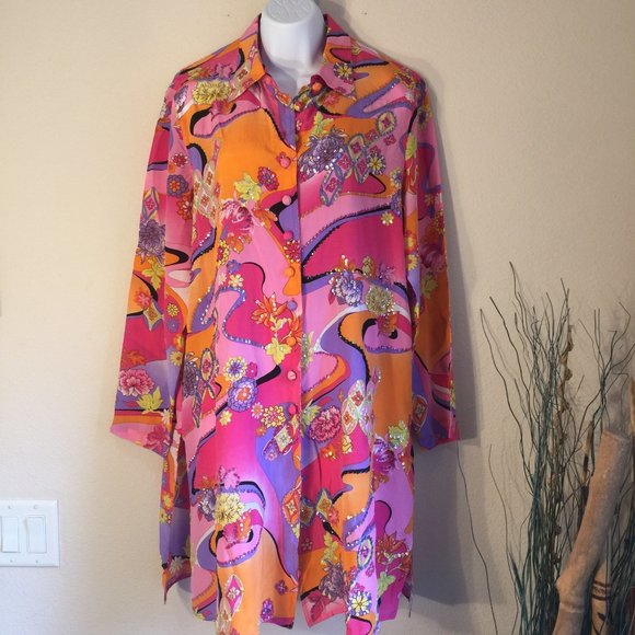 Diane Gilman Tops - Vintage SILK psychedelic pink tunic L Diane Gilman